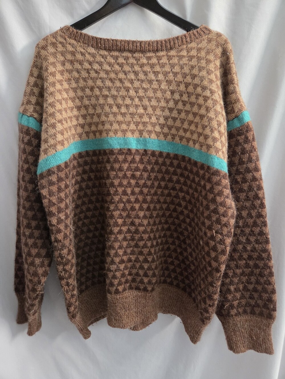 Men's Brown Patterned Crewneck Sweater with Teal Stripe